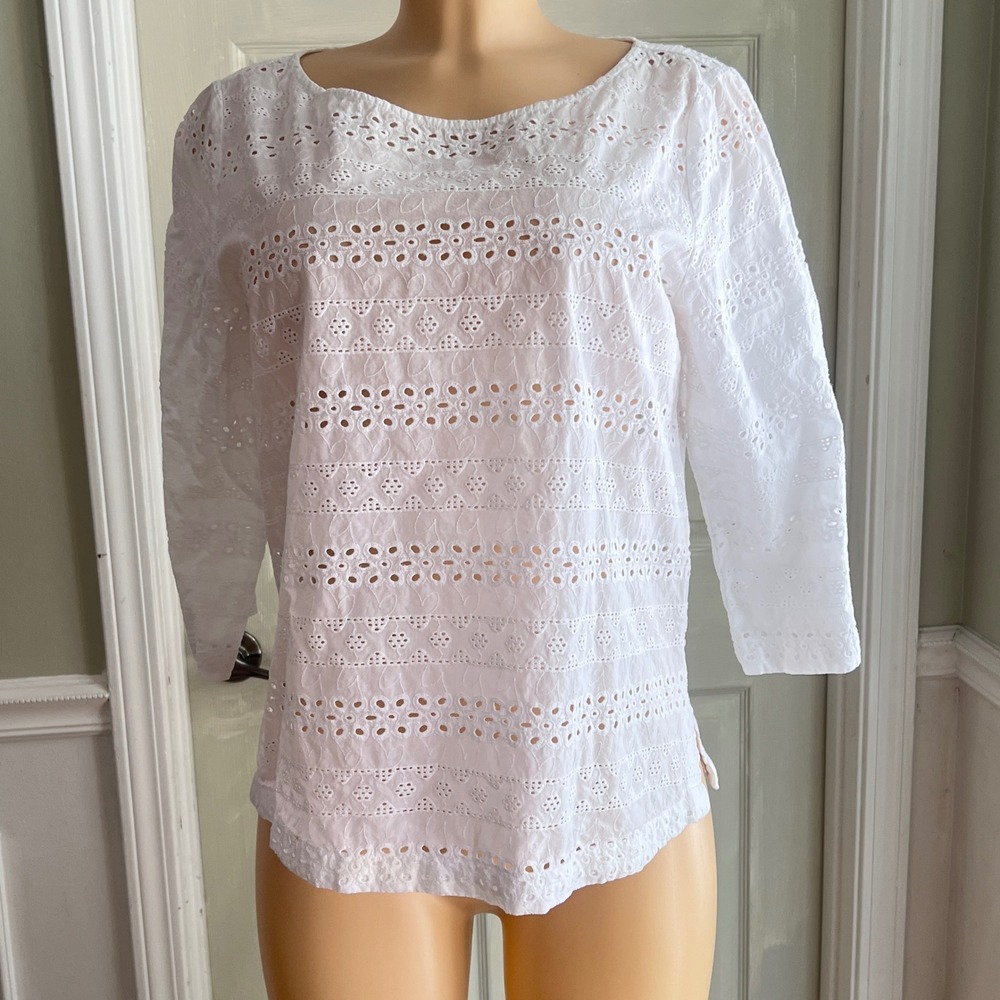 Liz Claiborne Eyelet Blouse M Womens 3/4 Sleeve Cotton White Boho Cottagecore